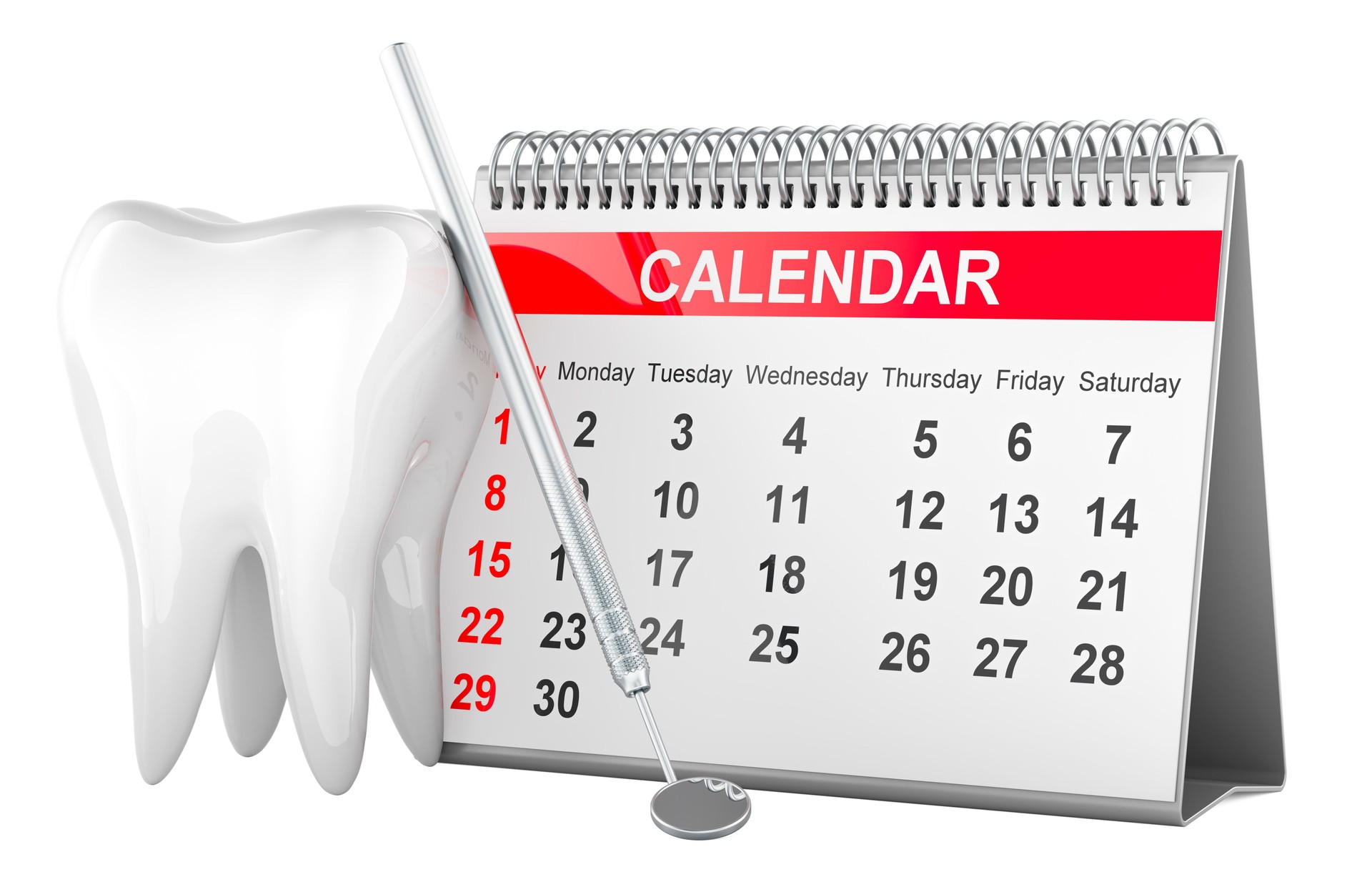 Tooth and desk calendar with dental mirror. Dentist date, concept. 3D rendering