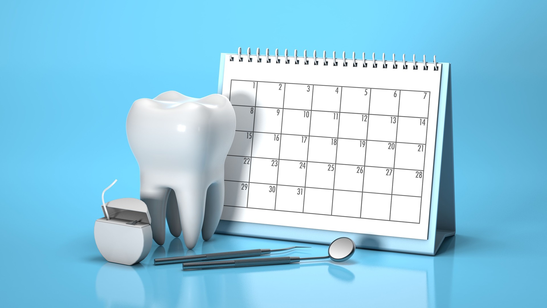Reminder calendar for visiting the dentist. Dental appointment, check. Calendar with tooth and dental mirror and dental floss on a blue background. 3d render.